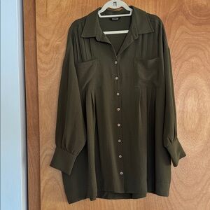 Olive Green Oversized Pleated Button-Up Blouse
